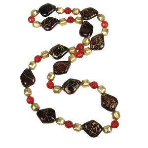 Red Gold Beaded Necklace Geometric Marbled Pattern 30 Inches Plastic Splattered